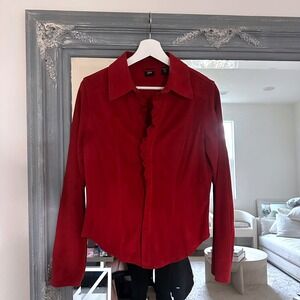 Bebe 90s Y2K Red Suede 100% Leather Ruffle Front Button Down Top Jacket Vintage
